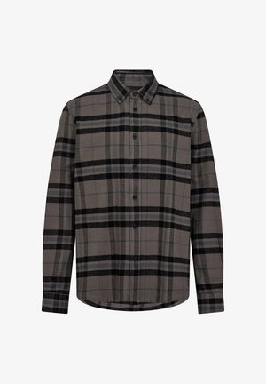 Napapaita, joka on valmistettu harmaasta flanellikankaasta, jossa on musta ja sininen ruutukuosi. Varustettu klassisella kauluksella ja pitkillä hihoilla.