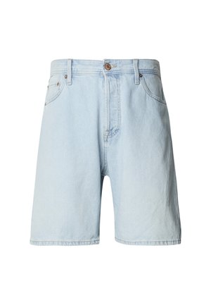 Hele sinise tooniga teksapüksid, esikinnitusega nuppude ja tõmblukuga, vööaugud ning ees taskud, valgel taustal.