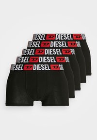 Black boxer briefs with a white and red elastic waistband featuring repeated "DIESEL" branding. Soft, stretchy fabric with a fitted design.