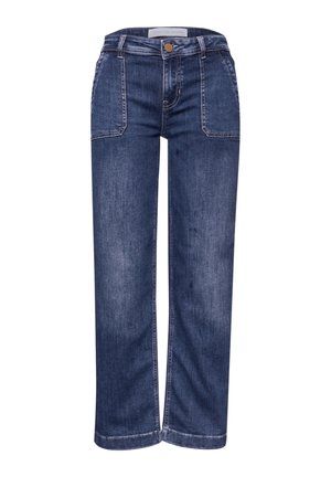 Vaqueros de pierna recta de color azul oscuro con bolsillos delanteros de parche, trabillas para cinturón y cierre con botón en la cintura.