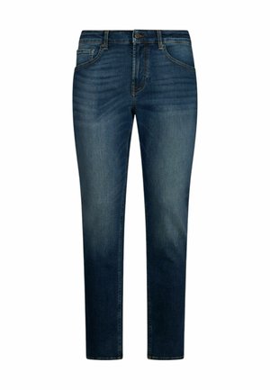 Jeans blu scuro con vestibilità dritta. Realizzati in denim, presentano un classico design a cinque tasche, chiusura con zip e una lieve scoloritura sulle cosce.