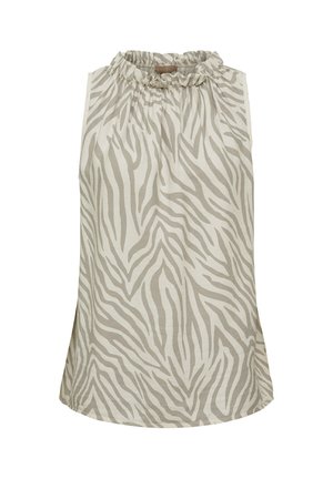 Ærmeløs bluse med beige og hvide zebra striber og en høj flæsehals.