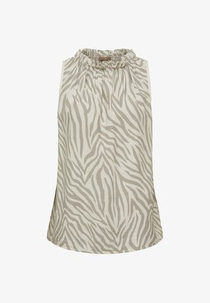 Ærmeløs bluse med beige og hvide zebra striber og en høj flæsehals.