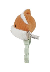 Plush fox head in orange corduroy with white fur details, mounted on a mint green clip. Tag visible, with smooth texture and rounded shape.