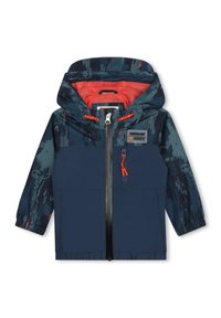 Veste à capuche bleu marine avec un imprimé texturé vert et noir. Présente des accents orange, une fermeture éclair à l'avant et des poignets élastiques. Écusson du logo Timberland.