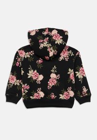 Μαύρο φούτερ με κουκούλα με λουλουδάτο μοτίβο που περιλαμβάνει ροζ και κρεμ λουλούδια, με απαλή υφή και ραβδωτές μανσέτες και στρίφωμα. Σχεδίαση με κουκούλα.