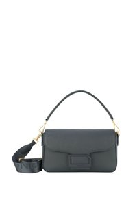 Borsa a tracolla nera in pelle con finitura testurizzata, dotata di manico superiore, tracolla regolabile e una patta frontale con un accento logo rettangolare.