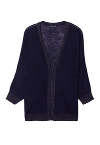 Navy gebreide cardigan met een diepe V-hals, voorzien van metallic accenten langs de halslijn en de mouwen. Mouwen van driekwartlengte.
