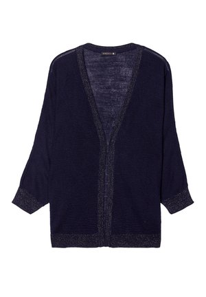 Navy gebreide cardigan met een diepe V-hals, voorzien van metallic accenten langs de halslijn en de mouwen. Mouwen van driekwartlengte.