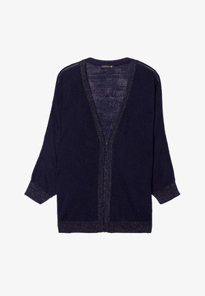 Navy gebreide cardigan met een diepe V-hals, voorzien van metallic accenten langs de halslijn en de mouwen. Mouwen van driekwartlengte.