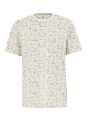 Kurzärmliges, Rundhals-T-Shirt in hellem Beige mit dezentem braunem Blumenmuster. Hergestellt aus weichem Stoff mit glatter Textur.