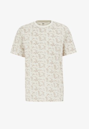 Rövid ujjú, kerek nyakú póló világos bézs színben, finom barna virágmintával. Puha anyagból készült, sima tapintással.