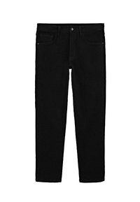 Zwarte spijkerbroek van denim met een klassieke rechte snit, voorzien van een standaard knoopsluiting, riemlussen en twee voorkindportemonnees.