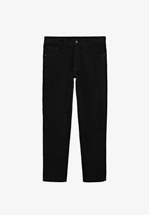 Black denim jeans with a classic straight-leg cut, featuring a standard button closure, belt loops, and two front pockets.