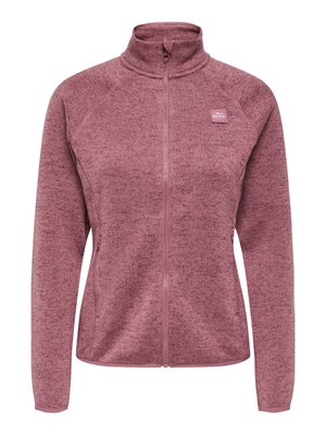Mauve full-zip women's fleece jacket with high collar, long sleeves, two side pockets, and a small chest logo patch.