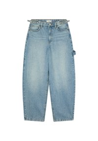Jeans in denim azzurro chiaro con vestibilità rilassata, design a gamba dritta, cinque tasche e passanti per la cintura. Presentano leggeri sbiadimenti e dettagli di cucitura.
