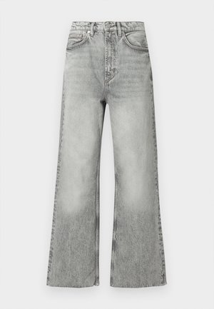 Gray denim flared jeans with a high waist, faded finish, five pockets, and belt loops. Stitched detailing along seams.