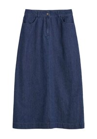 Džínová sukně v tmavě modré barvě s rovnou siluetou, předními kapsami, zapínáním na knoflíky a délkou po kolena.