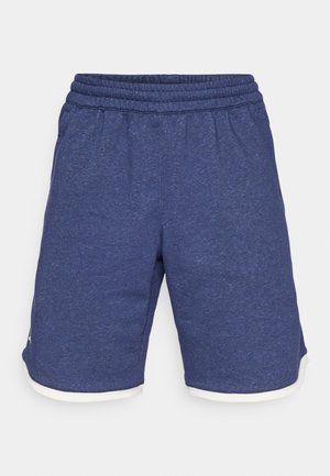 Sinised sportlikud lühikesed püksid, mis on valmistatud heleda koeeritud kangast. Omavad elastset vöökohta ja valget äärt sääre avades. Sirge lõikega disain.