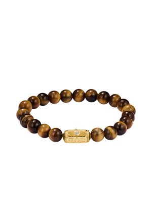 Stretch-Armband mit polierten, runden Tigeraugen-Perlen und einem zylindrischen Goldverschluss mit filigranen Gravuren und einem zentralen klaren Stein.