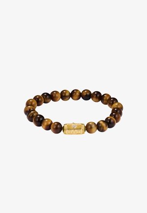 Stretch-Armband mit polierten, runden Tigeraugen-Perlen und einem zylindrischen Goldverschluss mit filigranen Gravuren und einem zentralen klaren Stein.