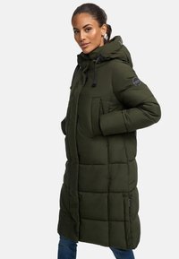 Long olive green puffer coat with a hood, featuring a quilted design, front pockets, and adjustable drawstrings.