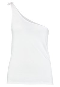 Eén-schouder witte tanktop van zachte stof. Heeft een knoopdetail op de schouder en een getailleerde pasvorm. Gladde textuur.