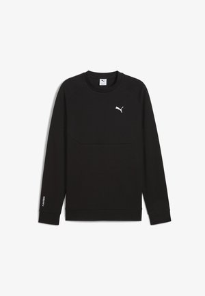 Zwarte longsleeve sweatshirt gemaakt van een gladde stof, met een wit logo op de borst en tekstdetails op de mouw. Basis ontwerp met ronde hals.