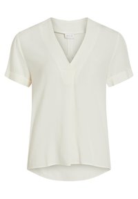 Blouse à manches courtes et col en V de couleur blanc cassé, confectionnée dans un tissu lisse. Dotée de poignets retroussés et d'un ourlet légèrement courbé pour plus de détails.