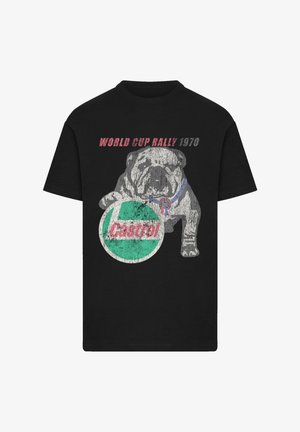 Schwarzes T-Shirt mit einem Aufdruck eines Bulldogs, der ein grün-weißes "Castrol"-Logo hält, mit dem Schriftzug "WORLD CUP RALLY 1970" in pinker Schrift darüber.