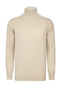 Bež turtleneck sviiter, mis on valmistatud pehmest kudumisest. Omab pikki varrukaid ning soonikuga kraed ja mansette, millel on sile tekstuur.