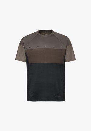 Sport-T-Shirt mit kurzen Ärmeln und Farbblöcken in Grau, Braun und Schwarz, mit dem Schriftzug "VAUDE" auf der Brust und dem Logo in der Nähe des Saums.