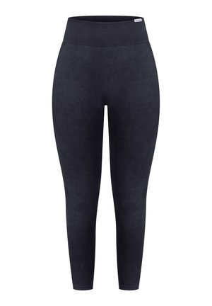 Zwarte high-waisted leggings gemaakt van een gestructureerde stof met een gladde afwerking, met een brede elastische tailleband en naadloze zijkanten.