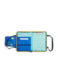 Niebieskie etui z tkaniny z żółtym zamkiem błyskawicznym, wyposażone w wewnętrzną jasnoniebieską kieszeń, elastyczne pętle oraz ozdobne wzory drzew i kształtów.
