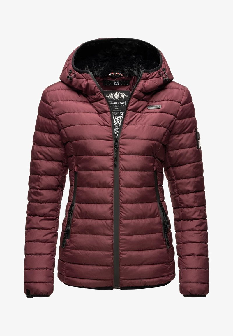 Burgundy padded jacket with black accents, featuring a faux fur-lined hood, mid-length zipper, and vertical side pockets.