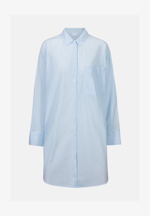 Hellblau gestreiftes Hemd aus Baumwolle, mit Knopfverschluss, Kragen, langen Ärmeln und einer einzelnen Brusttasche.