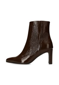 Brown patent leather ankle boot with a pointed toe and a textured finish, featuring a slim high heel and a sleek, streamlined design.