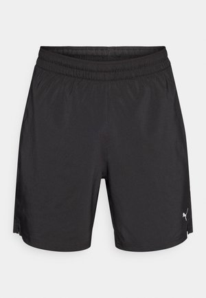 Mustat urheilushortsit, joissa on joustava vyötärönauha, sileä tekstuuri ja pieni valkoinen logo alhaalla oikeassa lahkeessa.