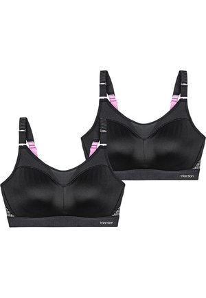 Svarta sportbehåar med meshpaneler, justerbara band med rosa accenter och en slät yta. Logotypdetalj på bandet.