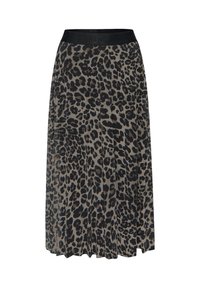 Midi sukně s leopardím potiskem, černým elastickým pasem a sklady. Vyrobena z lehkého materiálu s hladkou texturou.