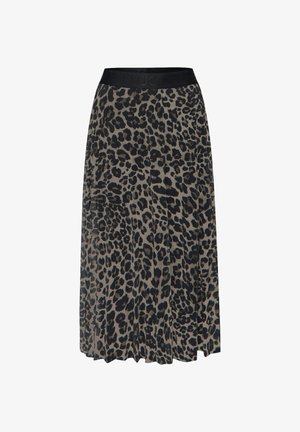 Jupe midi imprimée léopard avec une taille élastique noire et un design plissé. Fabriquée en tissu léger avec une texture lisse.
