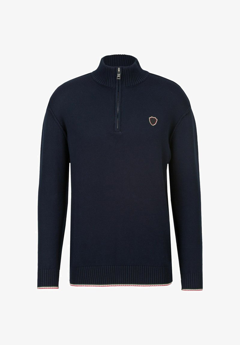 Marineblaues Strickpullover mit einem halben Reißverschlusskragen, gerippten Bündchen und Saum. Mit einem kleinen Wappenlogo in roten und weißen Akzenten am unteren Ende.