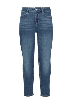 Denim jeans in dark blue with a slim fit, mid-rise waist, five pockets, and belt loops. Features a classic button and zipper closure.