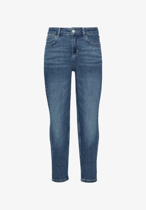 Dżinsy w ciemnoniebieskim kolorze o dopasowanym kroju, średnim stanie, pięcioma kieszeniami i szlufkami na pasek. Posiadają klasyczne zapięcie na guzik i zamek.