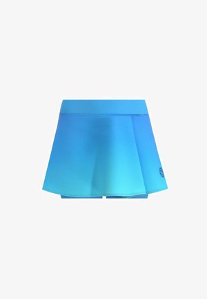 Skort deportivo azul con pantalones cortos integrados y un pequeño logo en la parte inferior derecha.