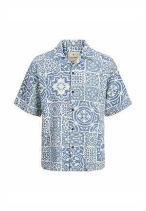 Short-sleeve button-up shirt in light blue, featuring an intricate white tile pattern with various floral and geometric designs.