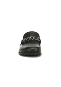 Black leather loafer with a smooth finish, featuring a metallic chain accent across the upper, flat sole, and round toe design.