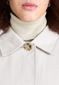 Hele hall täkk, millel on lai krae, mustriline ümar nupp ja allpool ribaga kreemjas turtleneck.