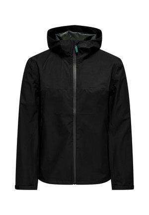 Must veekindel kapuutsiga jope, ees tõmblukk ja reguleeritavad mansetid. Sile materjal ja minimalistlik disain ilma kaunistusteta.