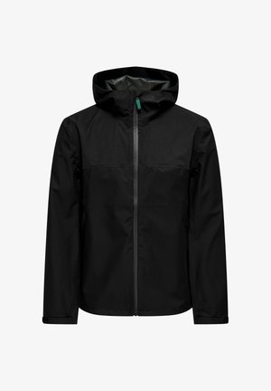 Must veekindel kapuutsiga jope, ees tõmblukk ja reguleeritavad mansetid. Sile materjal ja minimalistlik disain ilma kaunistusteta.